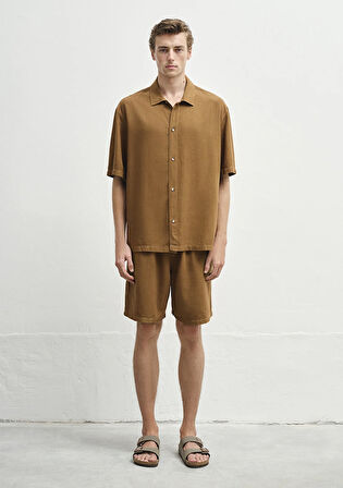 Keten Karışımlı Kahverengi Gömlek 0211616-82337