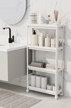 Mithra Life 4 Katlı Tekerlekli Slim İnce Beyaz Banyo Mutfak Rafı MIT1200