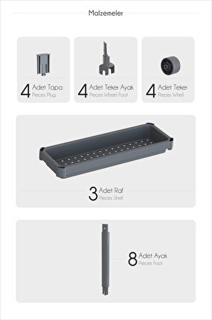 Mithra Life 4 Katlı Tekerlekli Slim İnce Gri Banyo Mutfak Rafı MIT1202