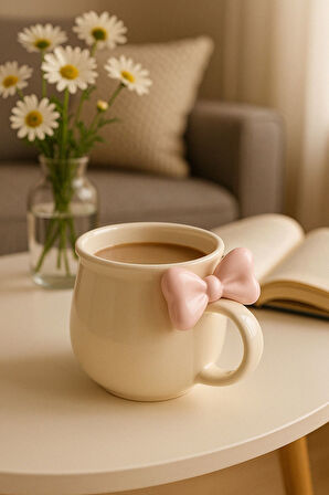 Mithra Life Pembe Fiyonklu 300 ml Beyaz Seramik Kupa Bardak MIT1212