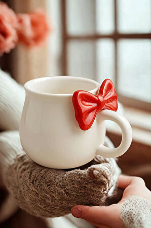 Mithra Life Kırmızı Fiyonklu 300 ml Beyaz Seramik Kupa Bardak MIT1213