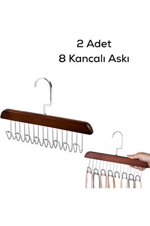 Mithra Life 2 Adet 8 Kancalı Kahverengi Ahşap Elbise Eşarp Kravat Kemer Çanta Askısı MIT1220