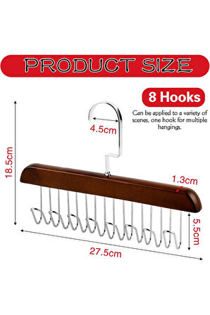 Mithra Life 2 Adet 8 Kancalı Kahverengi Ahşap Elbise Eşarp Kravat Kemer Çanta Askısı MIT1220