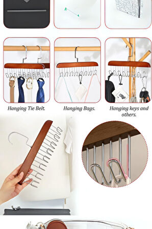 Mithra Life 2 Adet 8 Kancalı Kahverengi Ahşap Elbise Eşarp Kravat Kemer Çanta Askısı MIT1220