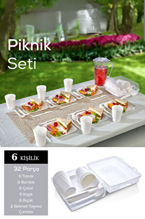 Mithra Life 6 Kişilik Çantalı Beyaz Çatal Bıçak Kaşık ve Tabak Piknik Seti MIT1232