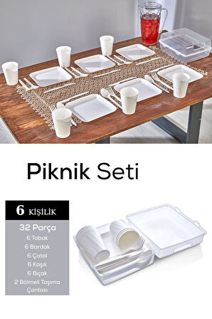 Mithra Life 6 Kişilik Çantalı Beyaz Çatal Bıçak Kaşık ve Tabak Piknik Seti MIT1232