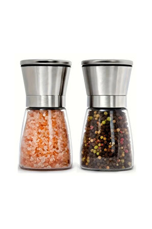Mithra Life 2 li Set Metal Krom Kapaklı Cam Tuz Karabiber Değirmeni Tuzluk Biberlik MIT1244