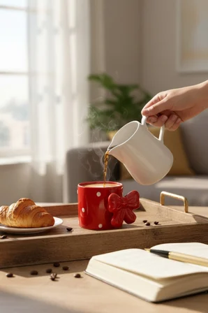 Benekli Kırmızı Fiyonk Seramik Çay Kahve Fincanı Kupa MIT1339