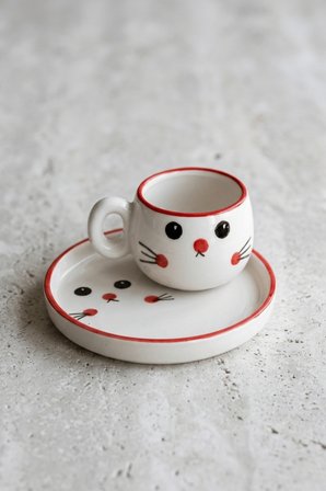 Heredot 2 Li Kedi Desenli Türk Kahvesi Fincan Takımı Seramik Beyaz 90 ml