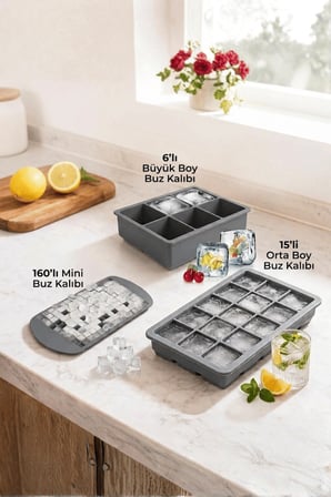 3 Adet 6 lı 15 li ve 160 lı Kare Silikon Buz Kalıbı MIT1344