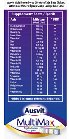 Multimax Kids Çörekotu Yağı, Beta Glukan, Multivitamin ve Şurup 150ml