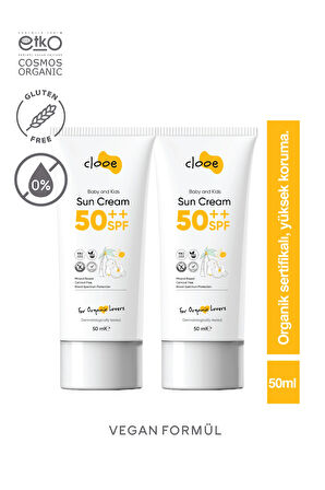 Clooe 2’li Set SPF 50 Güneş Kremi | Organik & Hipoalerjenik – Bebek ve Hassas Ciltler İçin – 50ML x 2