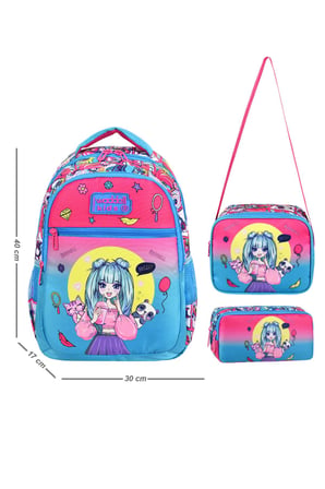 Waddell Lisanslı Turkuaz- Fuşya Anime Kız Desenli Kız Çocuk Okul Sırt Çantası ,Beslenme Çantası Ve Kalemlik