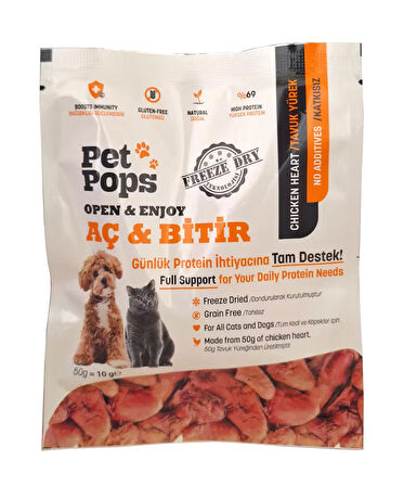 Kedi ve Köpekler için %100 doğal Aç-Bitir Mama - Dondurularak Kurutulmuş 10 gr Tavuk Yürek