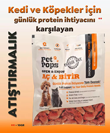 Kedi ve Köpekler için %100 doğal Aç-Bitir Mama - Dondurularak Kurutulmuş 10 gr Tavuk Yürek