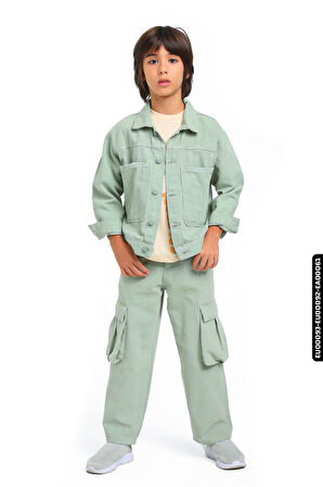 Düğmeli Polo Yakalı Kargo Cepli Örmeli Oversize Erkek Çocuk Ceket 5-14 Yaş 24220