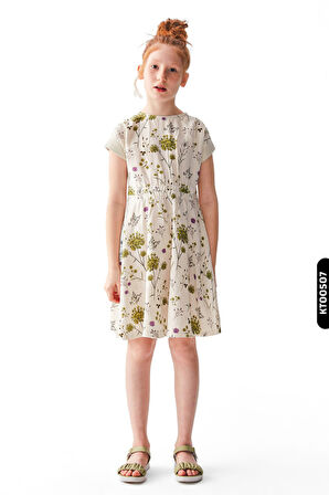 Düğmeli Sahte Cepli Çiçek Desenli Büzgülü Kollu Kız Çocuk Set Takımı 8-14 Yaş 36704-76303