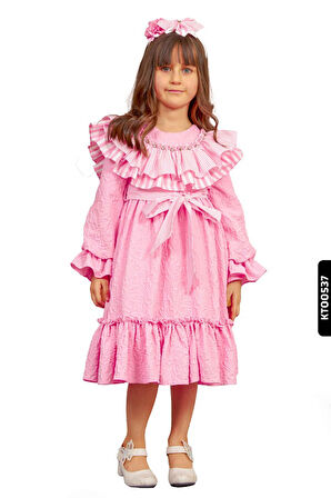 Fırfırlı Kristal Taş Baskılı Balon Kollu Yay Başörtülü Kız Çocuk Elbise 1-5 Yaş 6524