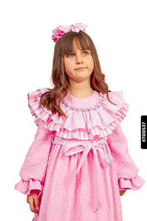 Fırfırlı Kristal Taş Baskılı Balon Kollu Yay Başörtülü Kız Çocuk Elbise 1-5 Yaş 6524