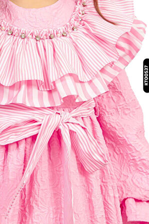 Fırfırlı Kristal Taş Baskılı Balon Kollu Yay Başörtülü Kız Çocuk Elbise 1-5 Yaş 6524