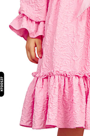 Fırfırlı Kristal Taş Baskılı Balon Kollu Yay Başörtülü Kız Çocuk Elbise 1-5 Yaş 6524