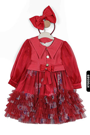 Tüllü Fırfırlı Mendil Kollu Çiçekli Sivri Yakalı 3lü Kız Çocuk Elbise 3-7 Yaş 2806