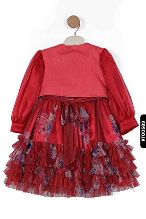 Tüllü Fırfırlı Mendil Kollu Çiçekli Sivri Yakalı 3lü Kız Çocuk Elbise 3-7 Yaş 2806