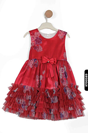 Tüllü Fırfırlı Mendil Kollu Çiçekli Sivri Yakalı 3lü Kız Çocuk Elbise 3-7 Yaş 2806