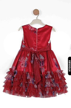 Tüllü Fırfırlı Mendil Kollu Çiçekli Sivri Yakalı 3lü Kız Çocuk Elbise 3-7 Yaş 2806