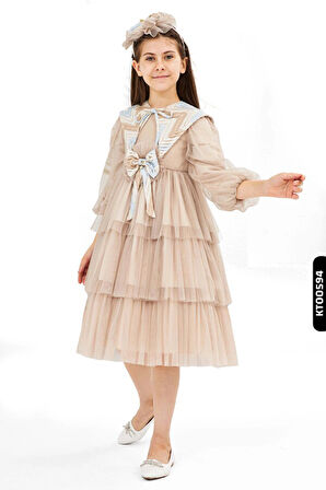 Bohçalı Dantel Yakalı Fırfırlı Mendil Kollu 3lü Kız Çocuk Elbise 4-12 Yaş 6501