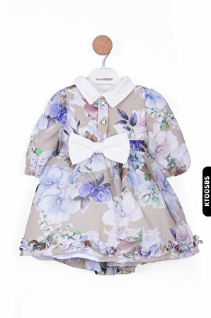 Polo Yakalı Bohçalı Çiçekli Balon Kollu Kız Çocuk Elbise 1-5 Yaş 10011