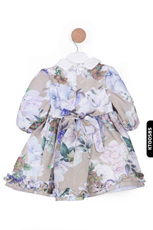 Polo Yakalı Bohçalı Çiçekli Balon Kollu Kız Çocuk Elbise 1-5 Yaş 10011