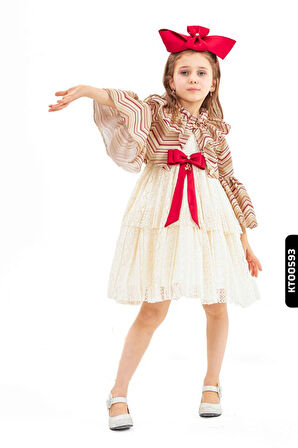 Fırfırlı Bohçalı Bolean Kollu Düğmeli Kız Çocuk Elbise 3-7 Yaş 2810