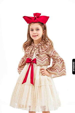 Fırfırlı Bohçalı Bolean Kollu Düğmeli Kız Çocuk Elbise 3-7 Yaş 2810