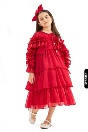 Fırfırlı, Bohçalı, BüzgüFırfır Kollu, Düğmeli Ceketli 3lü Kız Çocuk Elbise 4-14 Yaş 3838