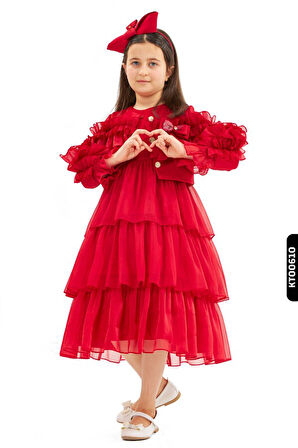 Fırfırlı, Bohçalı, BüzgüFırfır Kollu, Düğmeli Ceketli 3lü Kız Çocuk Elbise 4-14 Yaş 3838