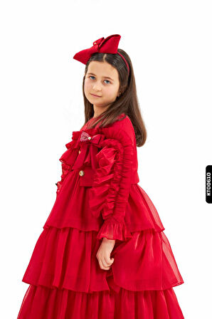 Fırfırlı, Bohçalı, BüzgüFırfır Kollu, Düğmeli Ceketli 3lü Kız Çocuk Elbise 4-14 Yaş 3838