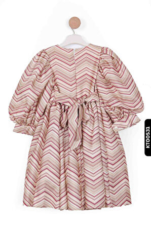 Balon Kollu Prenses Kalıplı Şevron Desenli Şapkalı Kız Çocuk Elbise 4-12 Yaş 6504