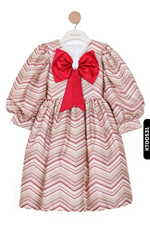 Balon Kollu Prenses Kalıplı Şevron Desenli Şapkalı Kız Çocuk Elbise 4-12 Yaş 6504