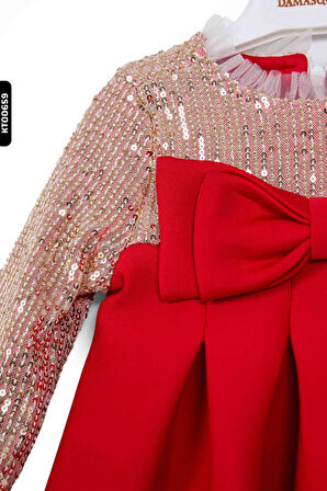 Pul Payetli Bohçalı Katlanmış O Yakalı Kız Çocuk Elbise 1-5 Yaş 10014