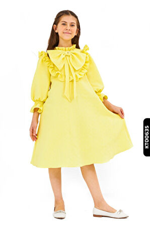 Bohçalı Büzgü Kollu Fular Yakalı Merserizeli Kız Çocuk Elbise 4-12 Yaş 6636