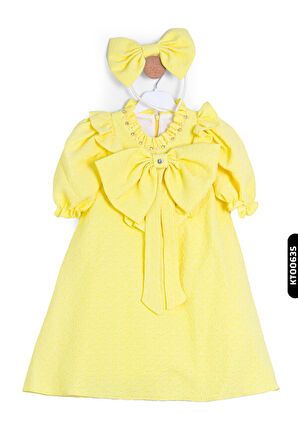 Bohçalı Büzgü Kollu Fular Yakalı Merserizeli Kız Çocuk Elbise 4-12 Yaş 6636