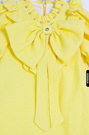 Bohçalı Büzgü Kollu Fular Yakalı Merserizeli Kız Çocuk Elbise 4-12 Yaş 6636