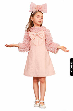 Büzgülü Kollu Bohçalı Palyaço Yakalı A-Line Formu Kız Çocuk Elbise 3-10 Yaş 6539