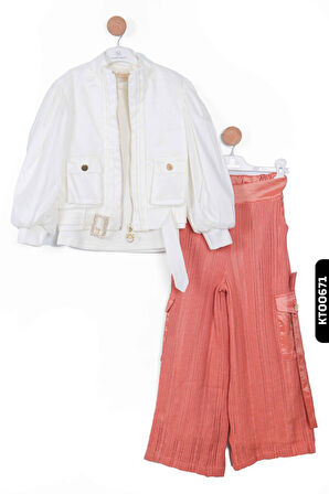 Fermuarlı Dik Yakalı Fleto Cepli Büzgü Kollu Kız Çocuk Alt Üst Takım 8-14 Yaş 3513