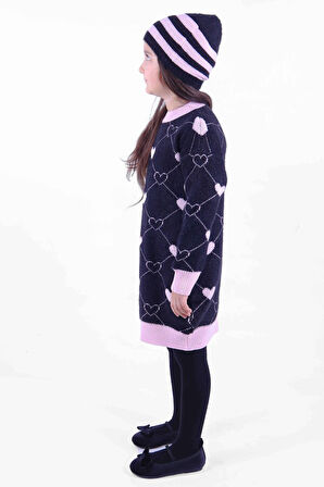 Kız Çocuk Şapkalı Çoraplı Kalıp Desenli Yuvarlak Yakalı Yünlü Elbise 3-7 Yaş 2316