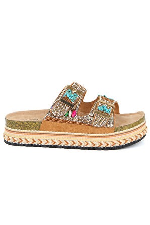 Guja 25y103 Kadın Mantar Platform Taban Taşlı Çift Toklaı Comfort Terlik Camel