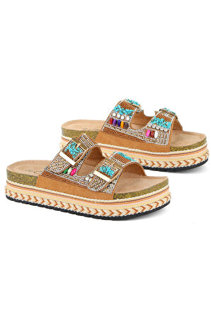 Guja 25y103 Kadın Mantar Platform Taban Taşlı Çift Toklaı Comfort Terlik Camel