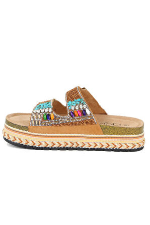 Guja 25y103 Kadın Mantar Platform Taban Taşlı Çift Toklaı Comfort Terlik Camel
