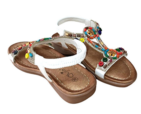 Guja 25y150-1 Kadın Taşlı Düz Taban Comfort Sandalet Beyaz